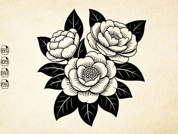 Camellia Flower Svg, Floral Line Art Cut